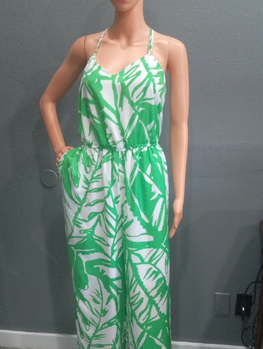 Lilly Pulitzer Green Leaf Print Halter Jumpsuit - White & Green